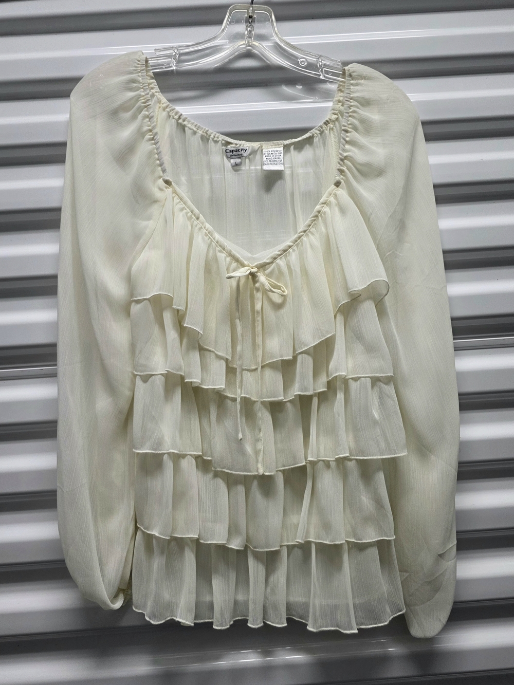Capacity Cream Semi- Sheer Ruffle Tiered Peasant Blouse Size Large NWT